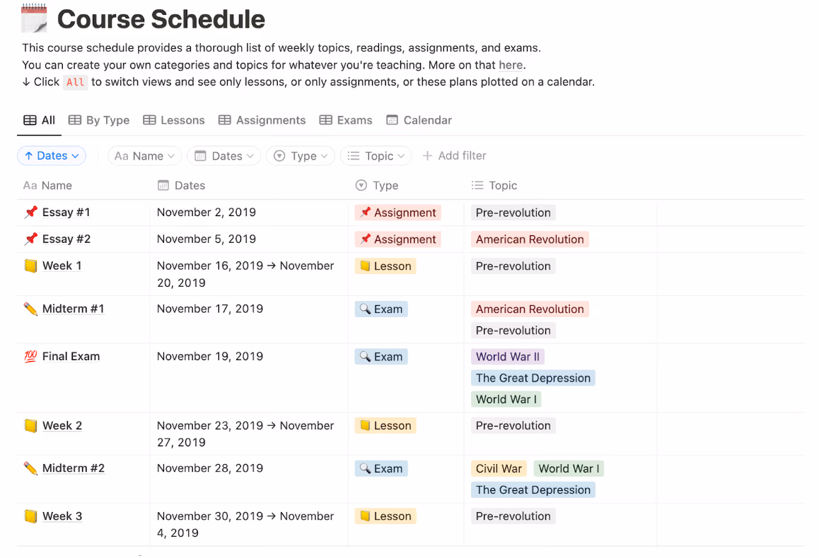 Work calendar templates 7 Course schedule
