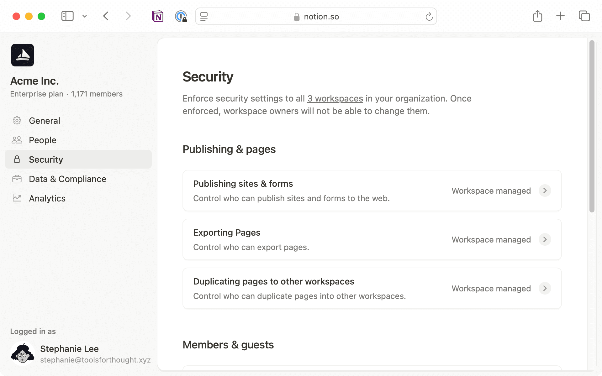 Manage security settings like publishing pages, members, guests and integrations in the security tab.