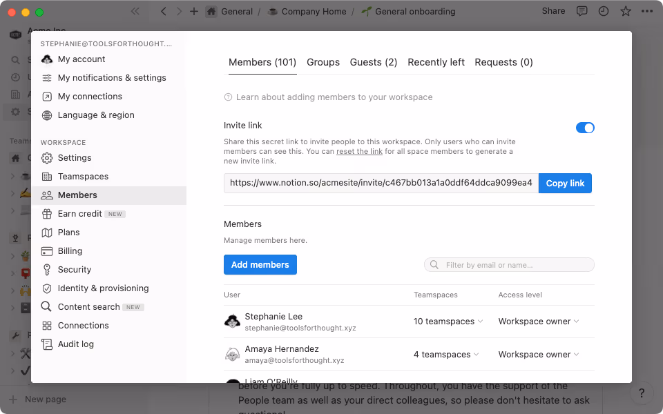 The Settings & members panel gives you access to in-depth workspace settings to customize Notion for your needs.
