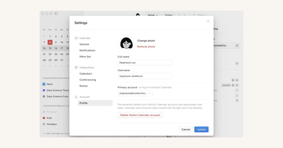 HC: Manage your Google and Notion Calendar accounts