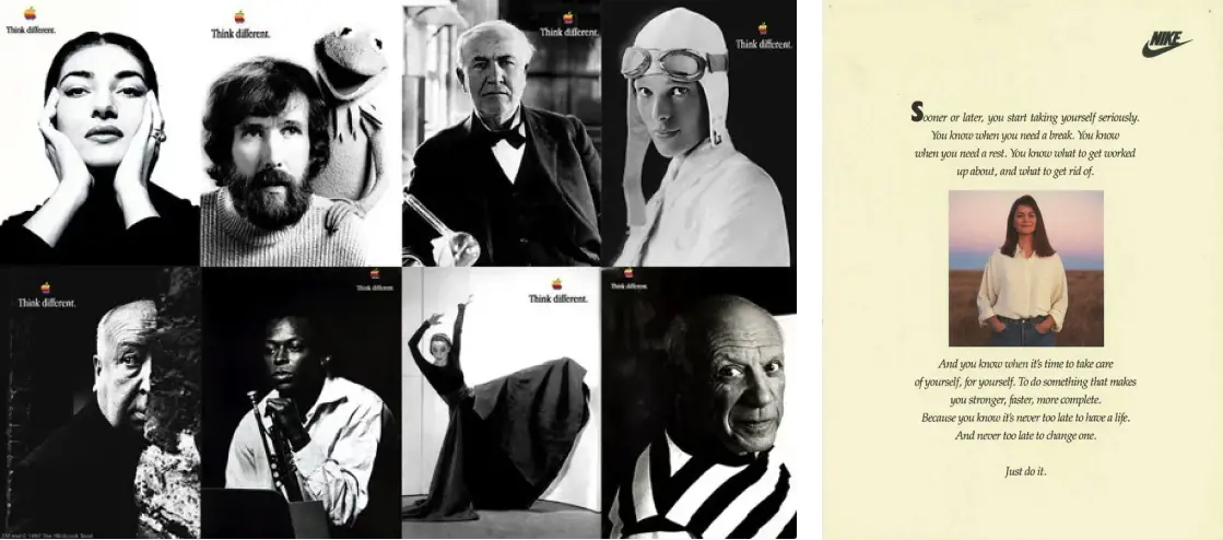 Left: Iterations of Apple’s “Think different.” campaign. Right: An original poster of Nike’s “Just do it.” campaign.