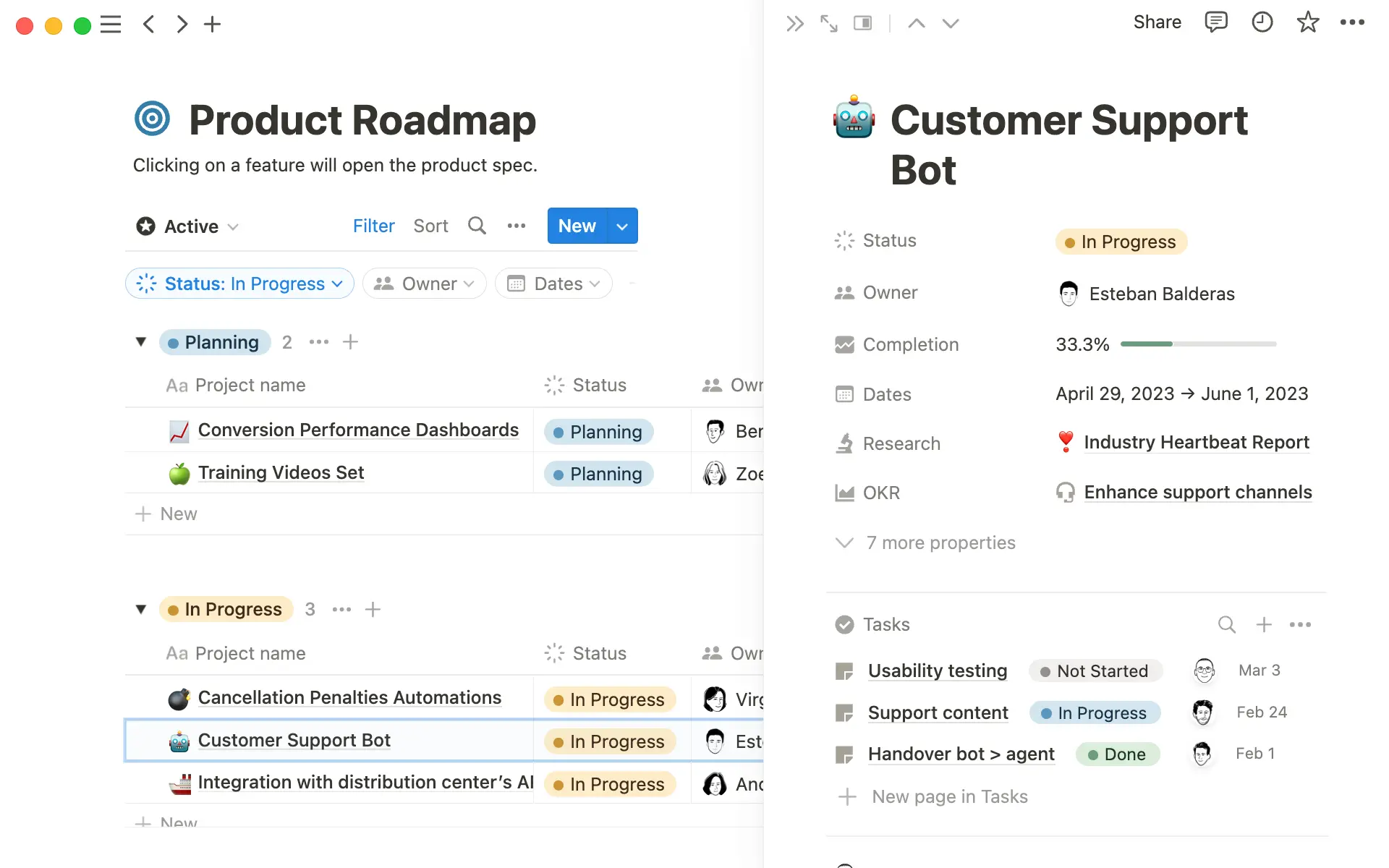 Use databases to connect your roadmap with projects and docs.